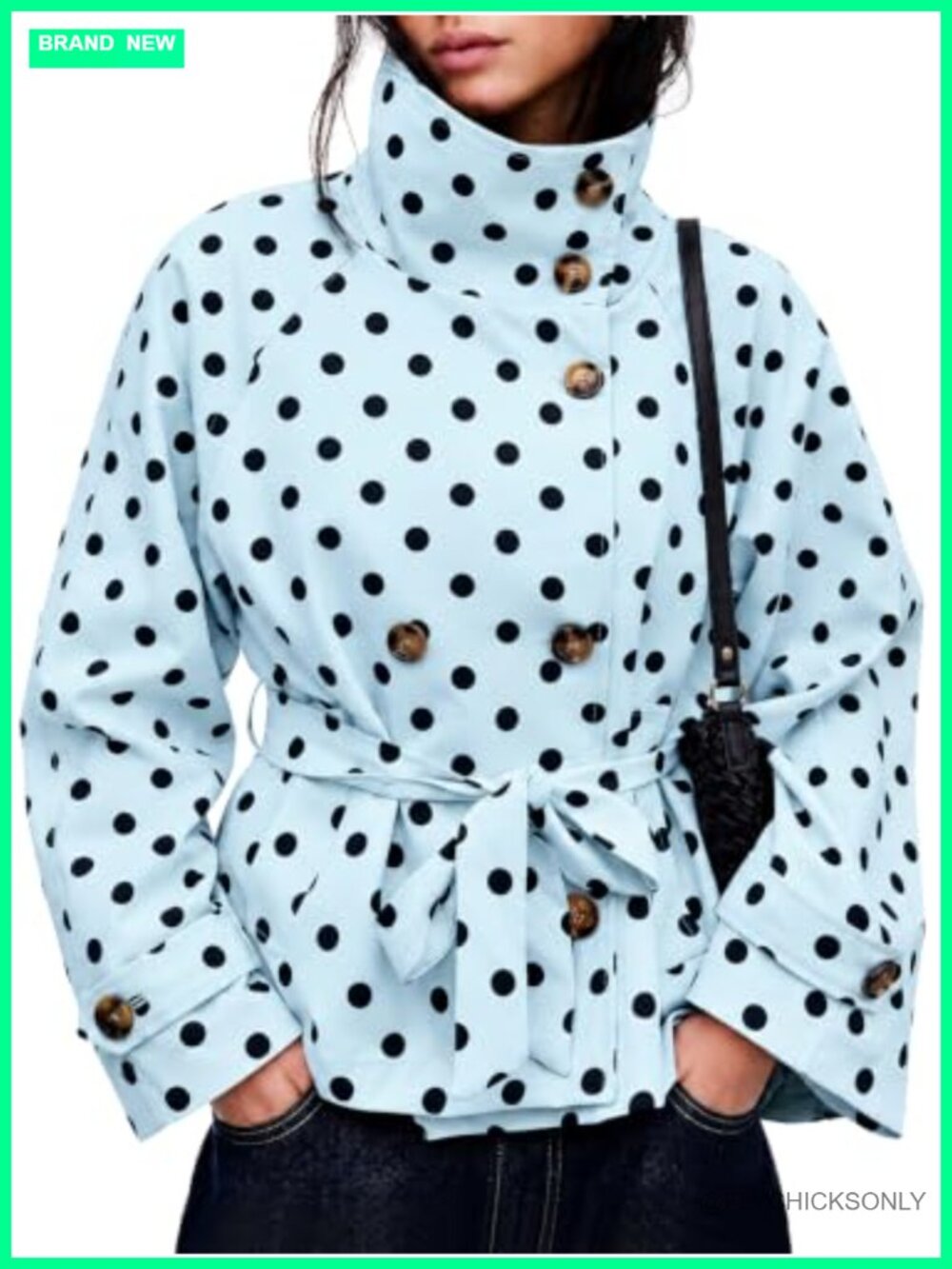 Polka Dot Cropped Trench Coat Button Front Belted Waist Oversized Fit Women